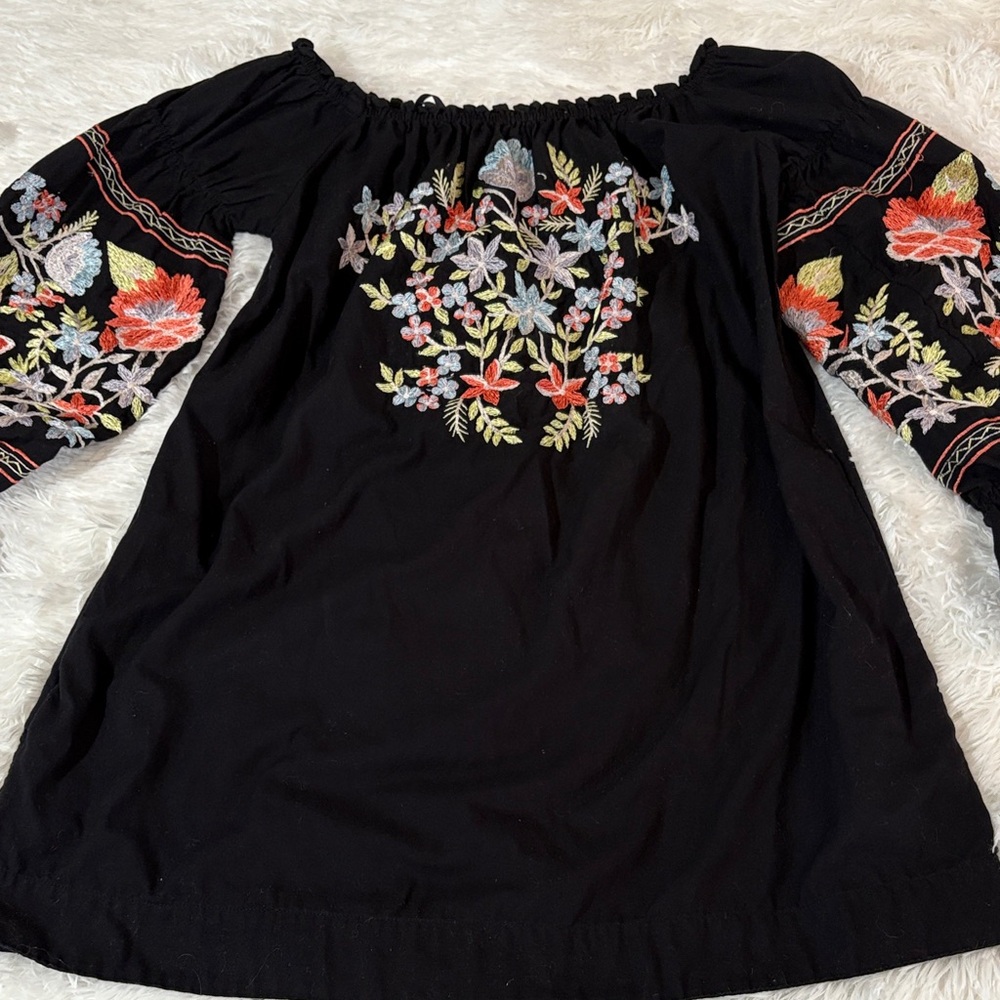 Free People Black Blouse with Multicolor Floral Embroidery